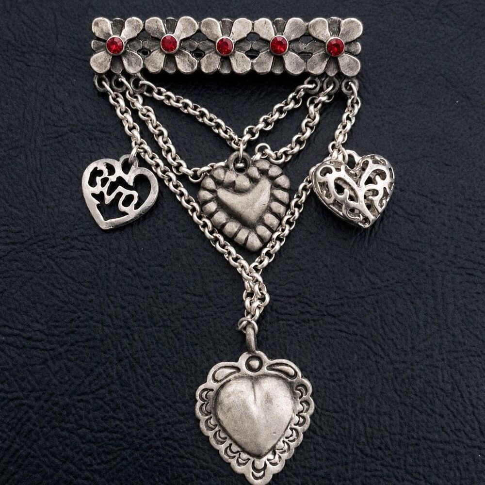Ruby Red Crystal Floral Bar Brooch with Cascading Heart Chain Drops